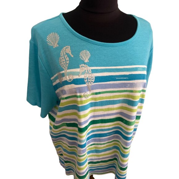Kim Rogers Curvy 1X Striped Seahorse Tee Short Sleeve 100% Cotton Turquoise - Picture 2 of 8